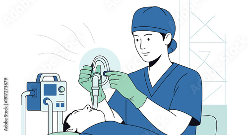 Anesthesiologist Applying Oxygen Mask to Patient Before Surgery - Medical Illustration