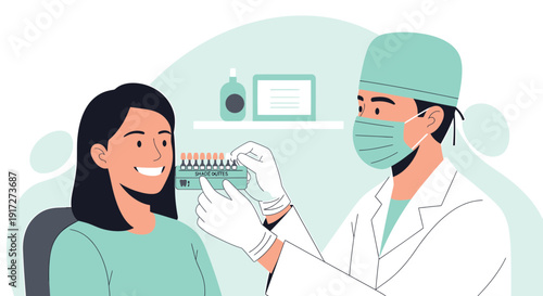 Dentist Comparing Tooth Shade Chart With Patient's Smile