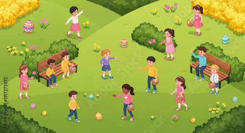 Children play outside in a park on a sunny day with easter eggs and baskets