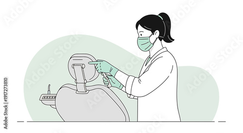 Dentist in Mask and Gloves Preparing Dental Chair for Patient Care