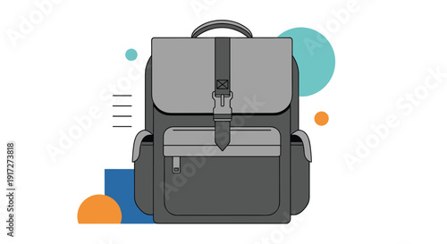 Modern grey and black backpack illustration featuring adjustable straps and pockets set against a creative background of geometric shapes and dots.