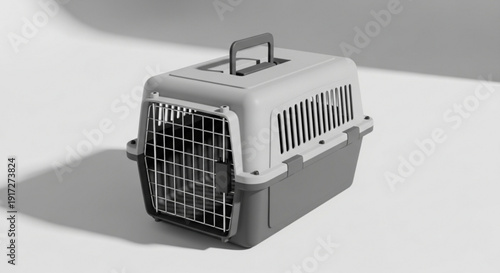 Pet carrier box with handle on top for transporting cats or small dogs isolated on white background