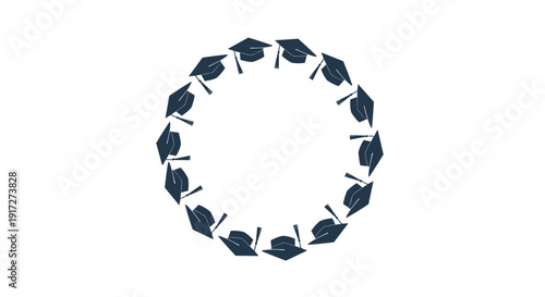 Circular arrangement of dark blue graduation caps with tassels forming a festive wreath to celebrate academic achievement and success in education.