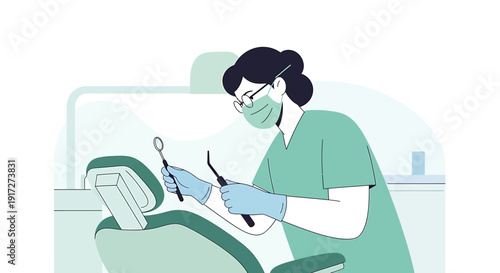 Dentist in protective gear performing dental check-up with tools in clinic