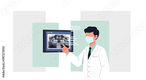 Dentist in Mask Reviews Dental X-ray Scan Showing Teeth and Gums