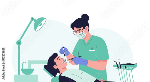 Dentist performing dental exam on patient in clinic with modern equipment