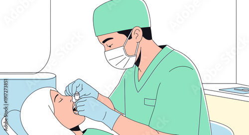 Dentist performing dental exam on patient, healthcare concept, illustration