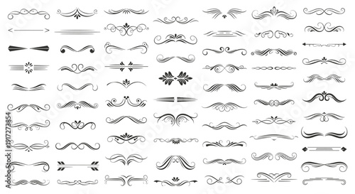 Comprehensive collection of various black calligraphic dividers, swirls, flourishes, and decorative page borders for elegant document design and layout.