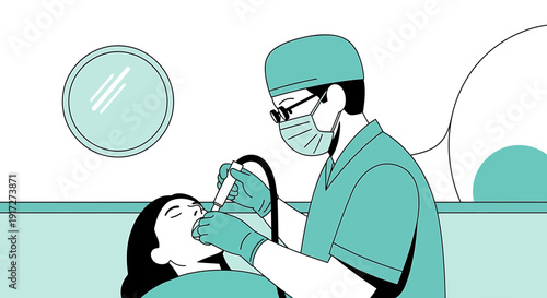 Dentist performing dental examination on patient in clinic
