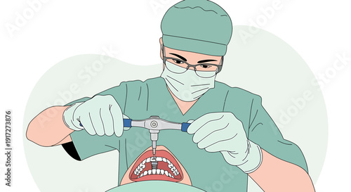 Dentist Performing Dental Implant Surgery with Surgical Tool