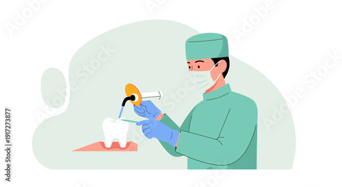 Dentist Performing Dental Filling Procedure on Tooth with Light Curing Tool