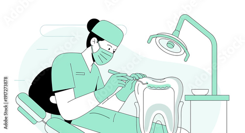 Dentist performing dental procedure on large tooth model, modern clinic illustration