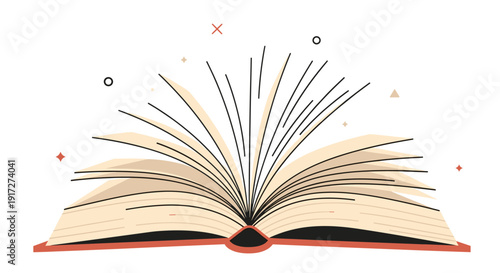 Stylized illustration of an open book with light yellow pages and black lines representing wisdom radiating from its center with small symbols.