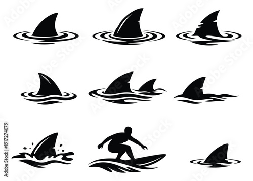 Black silhouette ocean set featuring surfacing shark fins and a surfer for summer activities