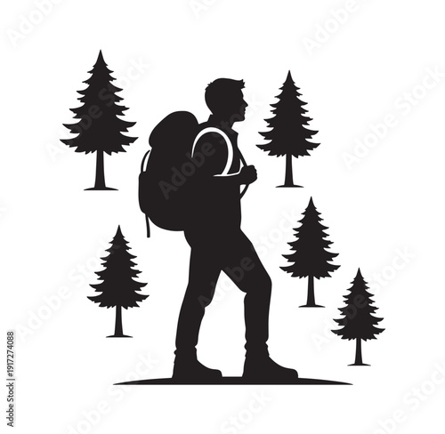 man hiking with backpack and trees in the background in silhouette