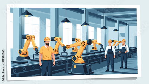 Modern automated factory production line vector illustration with human workers overseeing advanced industrial robotic arms and conveyor technology