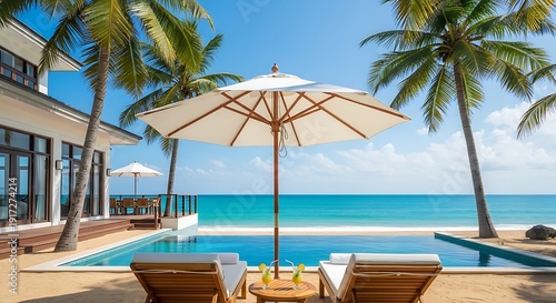 Wallpaper Mural Luxury resort pool with lounge chairs and umbrella by palm trees and ocean Torontodigital.ca