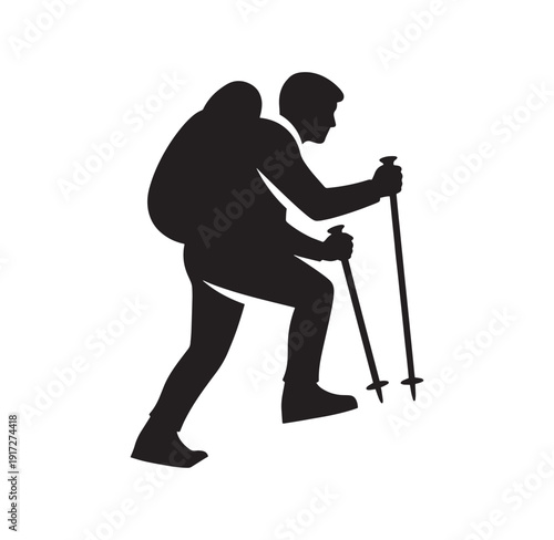 man hiking with backpack and trekking poles in outdoor activity