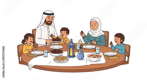 Illustration of a Middle Eastern family enjoying a meal together at a round dining table with traditional clothing and dishes.