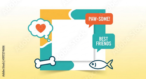 Colorful pet friendship frame with bone fish heart and speech bubbles on yellow background