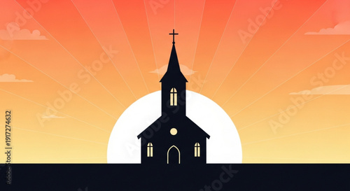 Silhouette of church with cross against vibrant sunset sky and sun