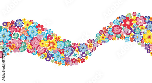Vibrant wavy banner or border composed of a dense collection of diverse small colorful flowers in pink, blue, yellow, and red shades.