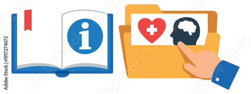 Flat design illustration of an open book and medical data folder depicting an information icon and a hand accessing health and mental health records for knowledge and healthcare management