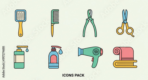 Colorful hairdressing icons pack with tools and products on light background for beauty and salon concepts