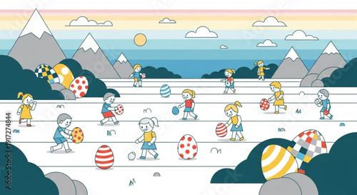 Children skiing down snowy mountain with colorful easter eggs on a sunny day with clouds