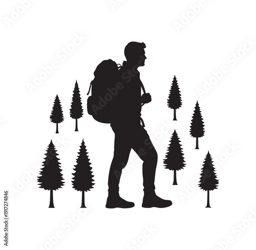 man hiking with backpack walking through pine trees in the forest outdoor adventure