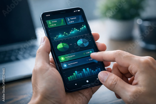 Mobile finance management concept with person checking real time transactions, digital income and expense tracking, and financial data analytics on smartphone for personal budgeting and smart banking