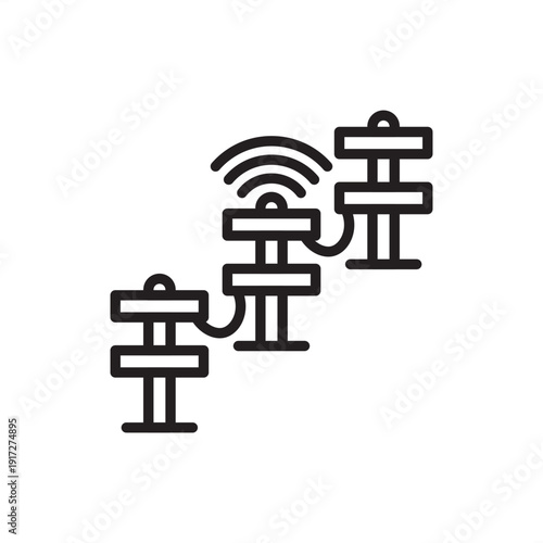 Smart pole grid icon. Urban IoT infrastructure, representing 5G small cell networks, integrated street light connectivity, smart city sensor grids, and sustainable telecommunications engineering.