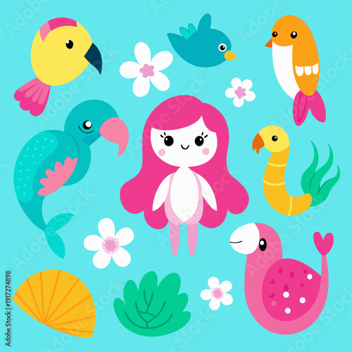 Cute cartoon illustration featuring a pink haired girl surrounded by colorful birds and flowers