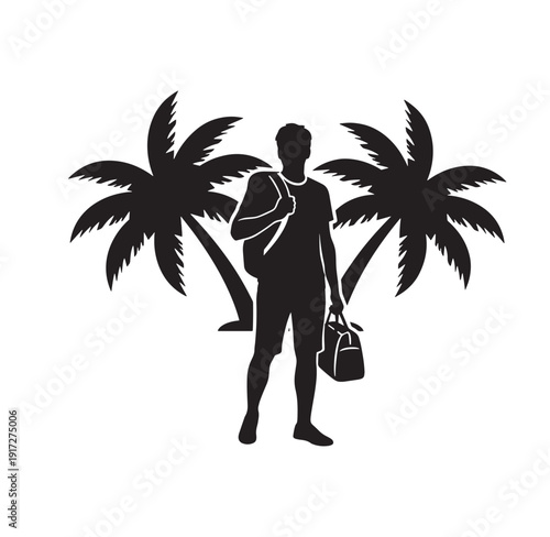 man in silhouette standing with bags in front of palm trees on white background