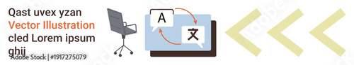 Language translation, international communication, localization, business, technology, productivity. Laptop with language-switching icons, office chair arrows. Language translation and international