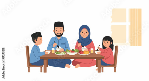 Illustration of a diverse family of four sitting around a table eating a meal together in a simple home setting with warm tones.