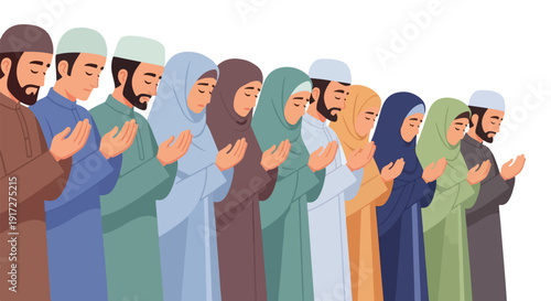 Illustration of a diverse group of people in traditional Middle Eastern attire standing and praying with hands clasped in front with a flat design style against a clean white background.