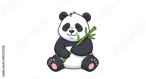 Adorable cartoon illustration of a happy giant panda sitting down and holding a green bamboo stalk with small leaves in its paws.