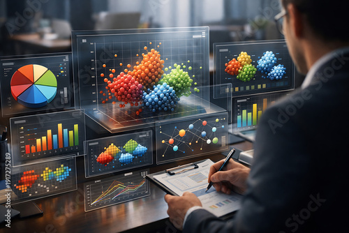 Cluster analysis in marketing and statistical data. Customer segmentation strategy. Marketer analyzing the target market.