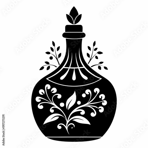 Black and white vintage perfume bottle illustration with intricate floral patterns and leaf accents.