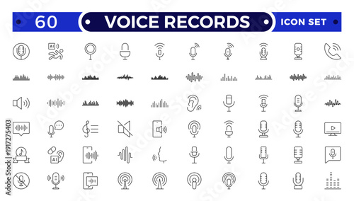 Voice Records web icons in line style. Sound wave, voice recognition, message, audio, speech, collection. Soundwave, social media message, voice assistant, audio.