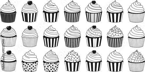 Set of Black and White Cupcake Illustrations with Various Frosting Swirls Sprinkles and Cherry Toppings for Bakery Dessert Design