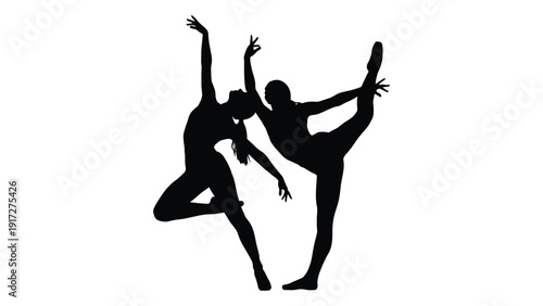 Two dancers performing a dynamic and expressive routine on stage isolated on white background, Vector