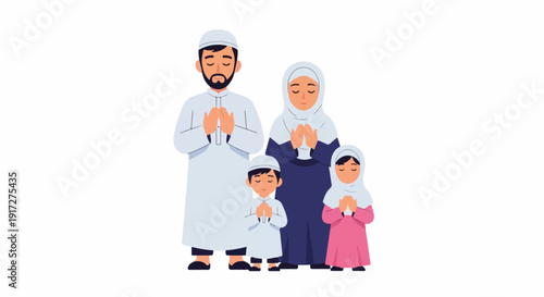 Illustration of a Muslim family of four praying together with hands clasped in a simple, flat design on a white background.