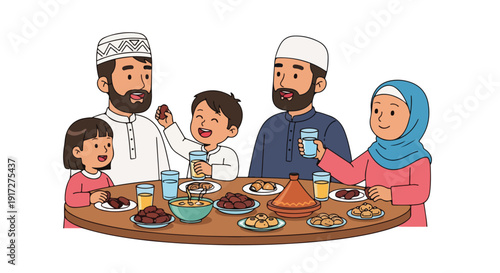 Illustration of a Muslim family sharing a meal together with traditional clothing and food on a round wooden table against a plain white background.