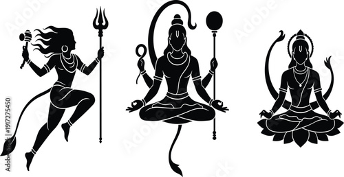 Set of black silhouette illustrations depicting Hindu deity Lord Hanuman in various poses including meditating and holding his traditional gada mace