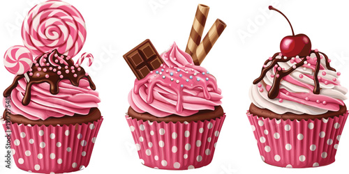 Set of delicious chocolate cupcakes with pink frosting topped with lollipops chocolate bar wafer sticks and a cherry on white background