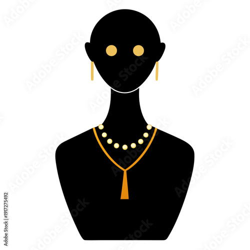 Black silhouette of a female bust adorned with elegant gold earrings and necklaces