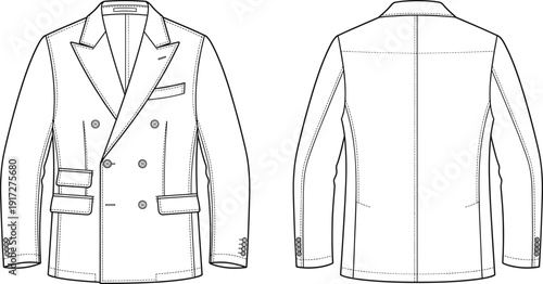 Front and back view of double breasted blazer technical flat sketch, detailed tailored jacket apparel design template illustration