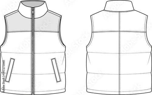 Front and back view of sleeveless puffer vest jacket technical flat sketch, detailed apparel design template illustration